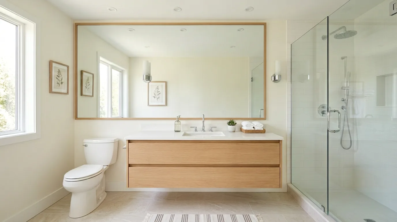 Shower niche providing sleek built-in storage in a small bathroom.