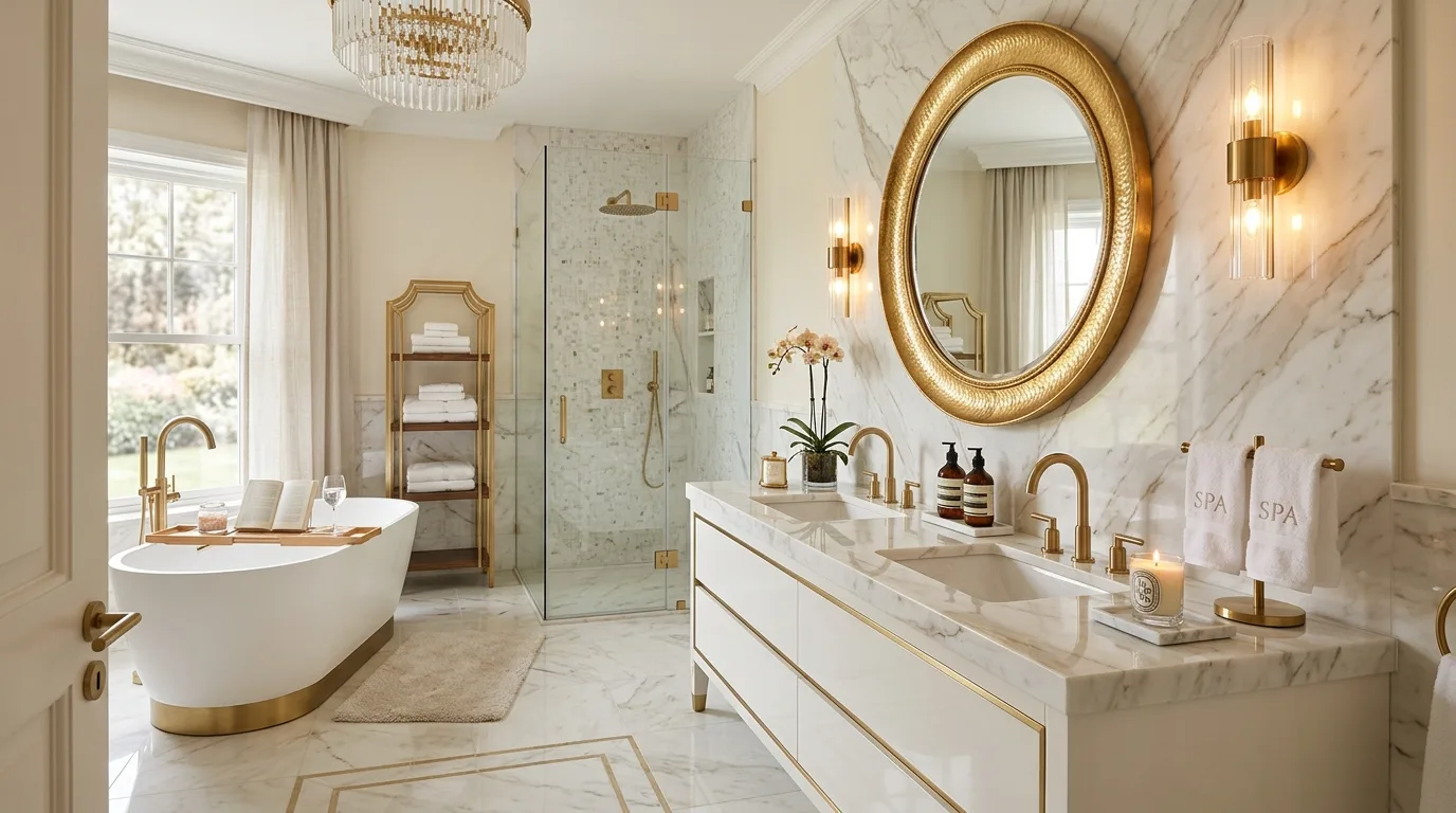 Compact bathroom with wall-mounted faucet and a refined vanity setup.