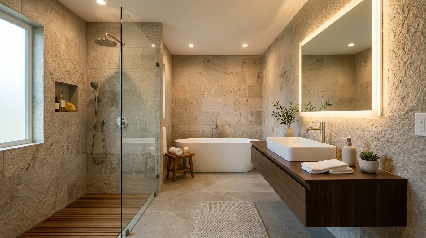 Small luxury bathroom in a light textured neutral palette.