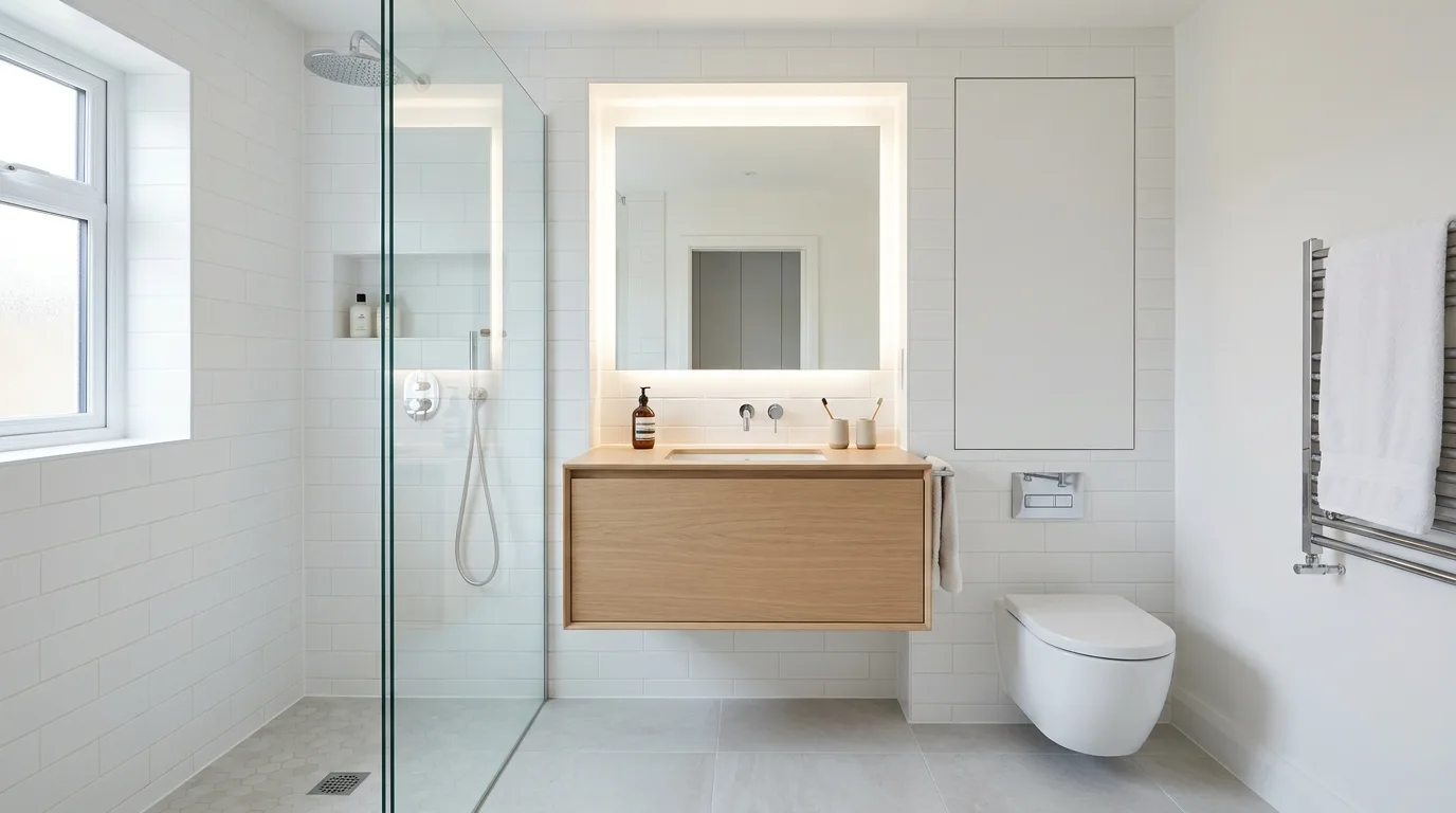 Small bathroom with one standout tile feature adding style.