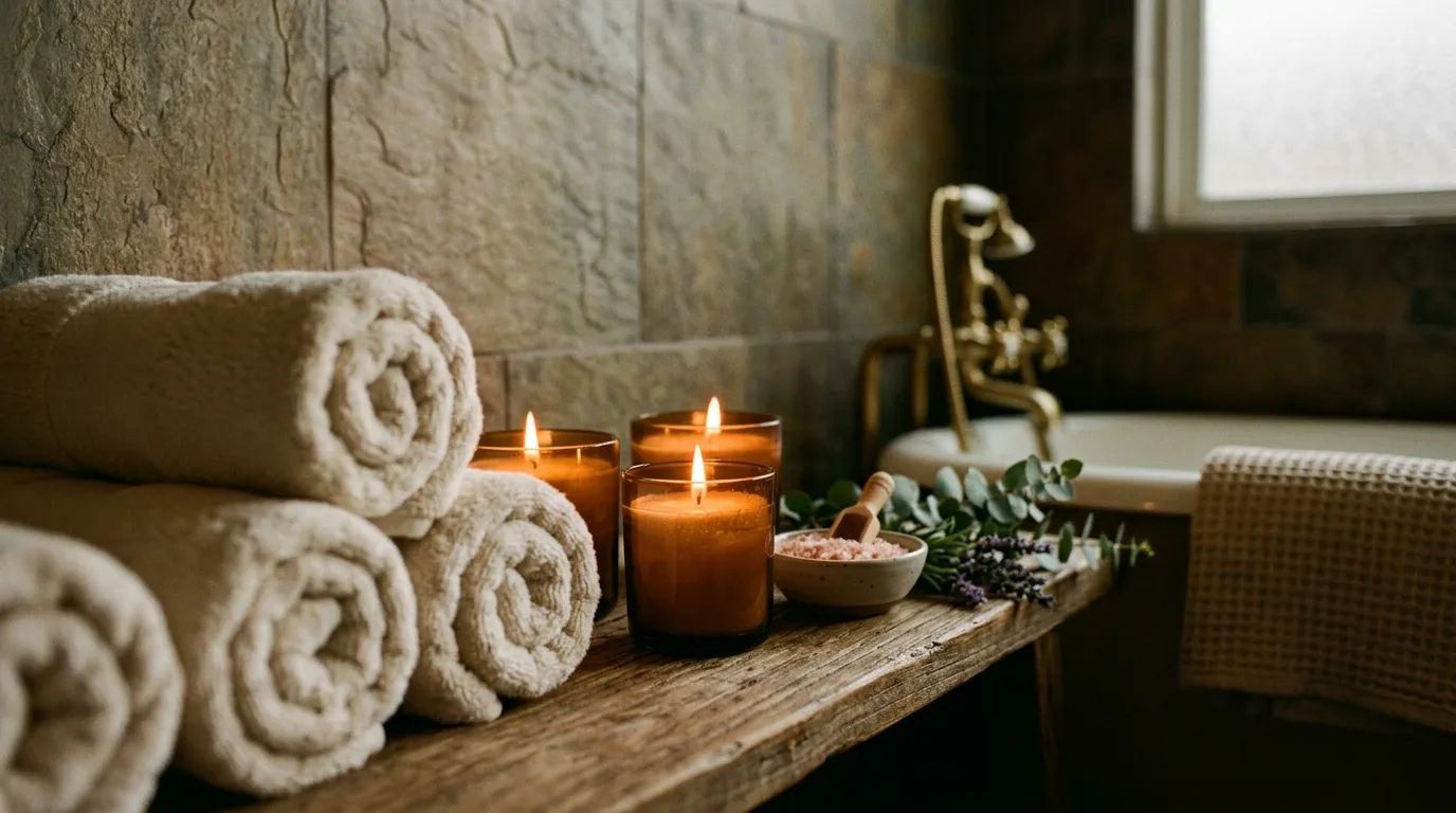 Small bathroom with rounded mirror and softly styled fixtures.