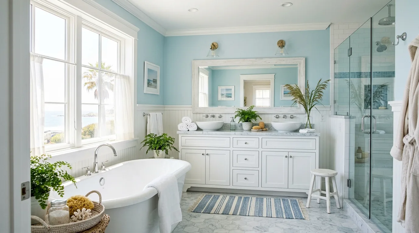 Compact bathroom with a lightly styled open shelf and towels.