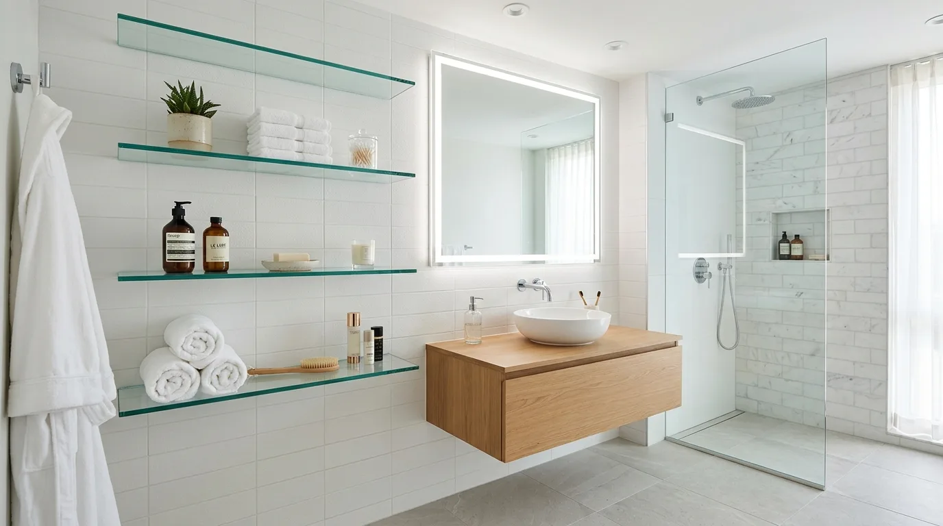 Small bathroom with a slim vanity offering smart drawer storage.