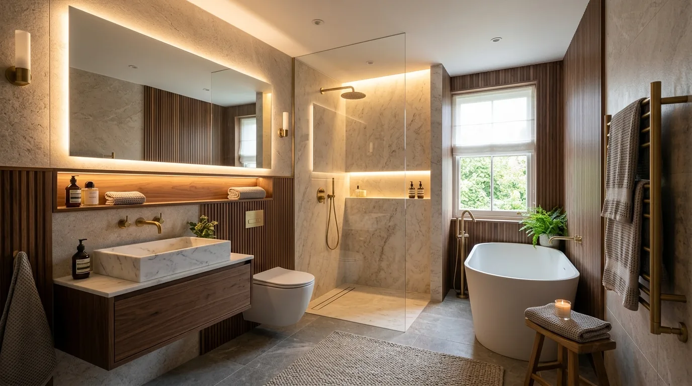 Elegant small bathroom that feels boutique and luxurious despite limited space.