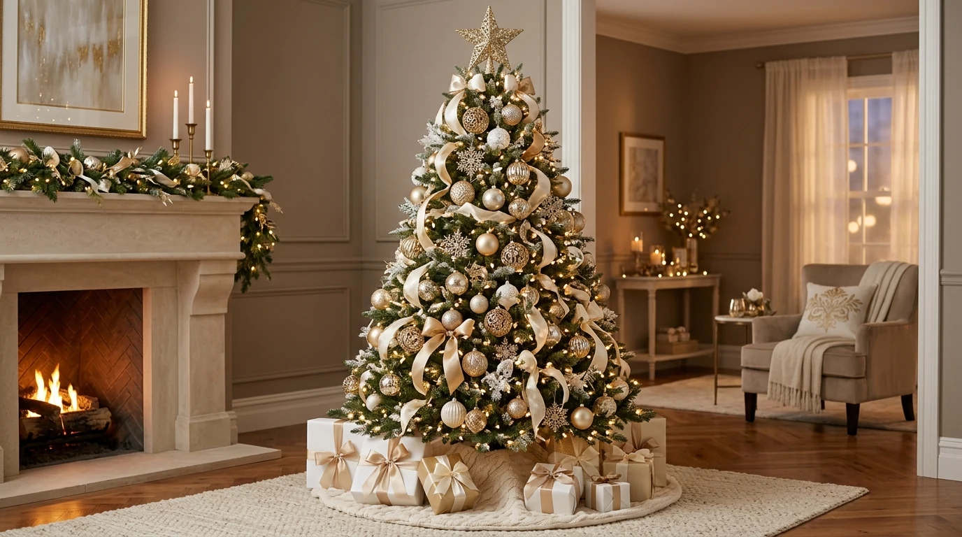 Elegant Christmas tree in white and silver with magical seasonal glow.
