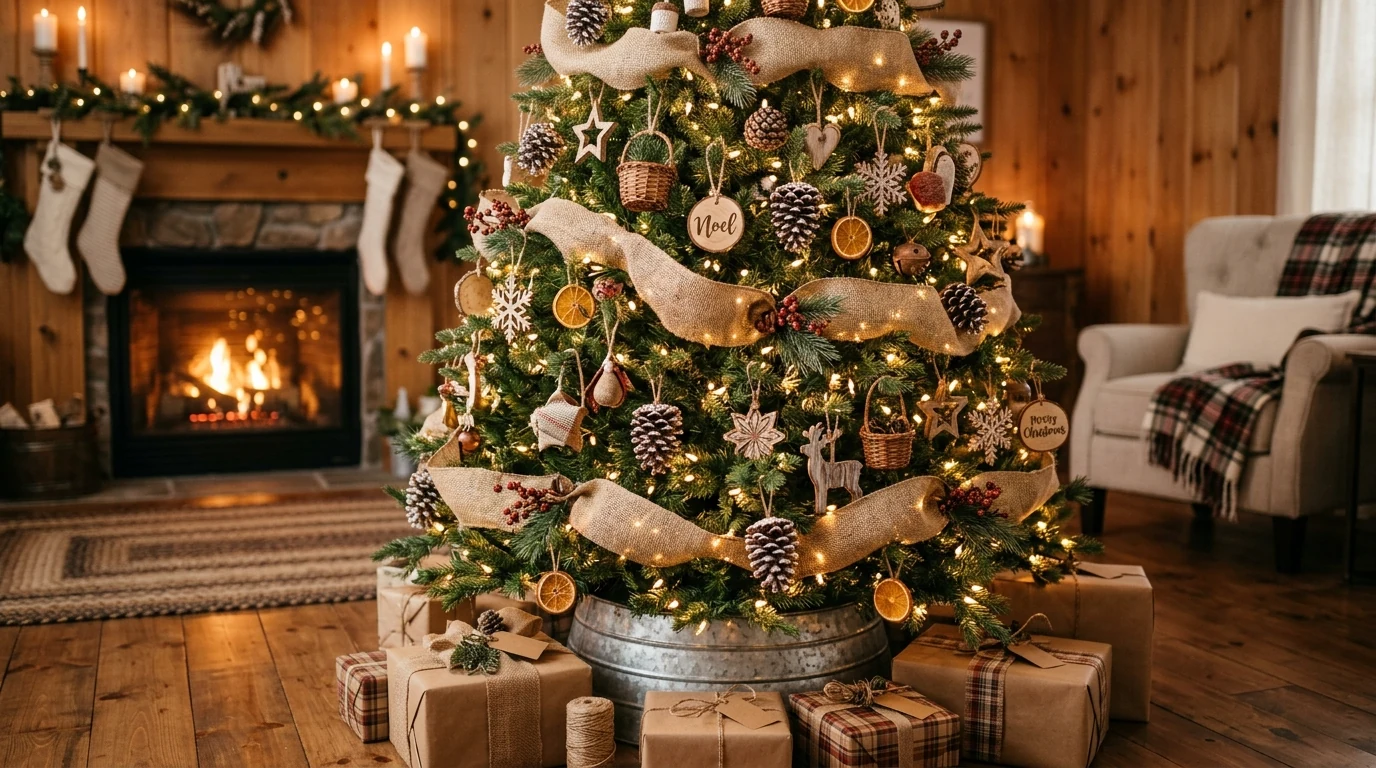 Woodland Christmas tree with plaid ribbon and cozy rustic ornaments.