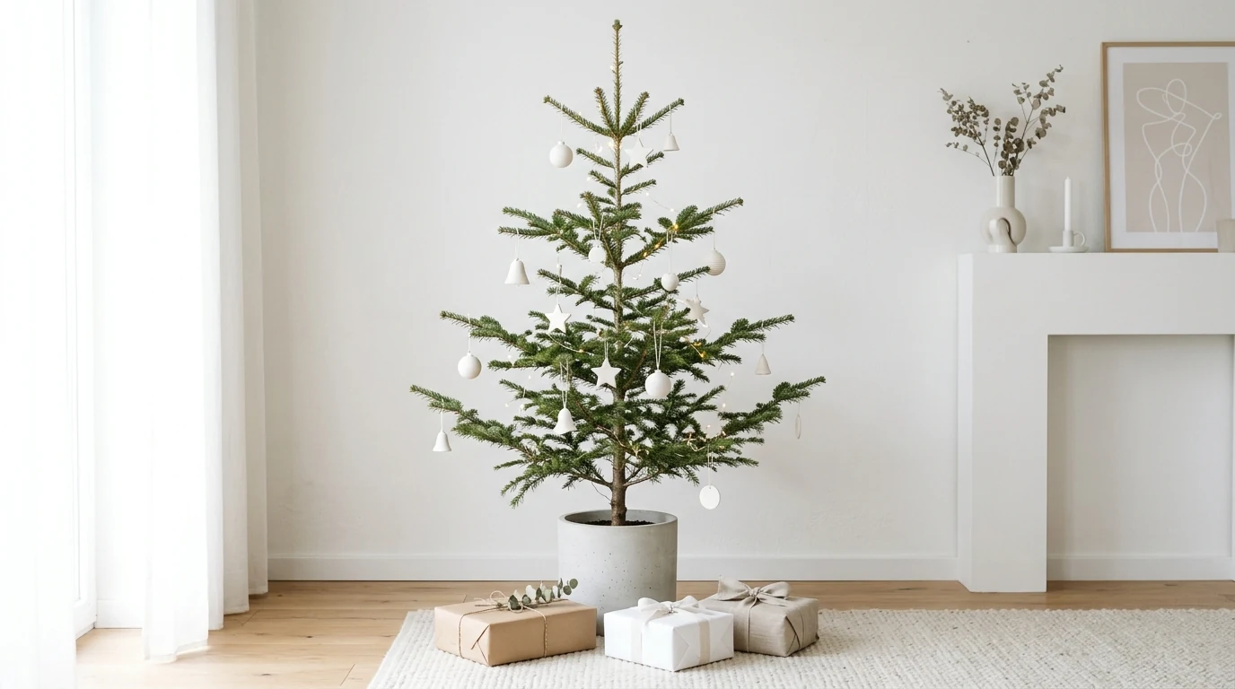 Minimal Christmas tree with soft warm lights and clean modern styling.