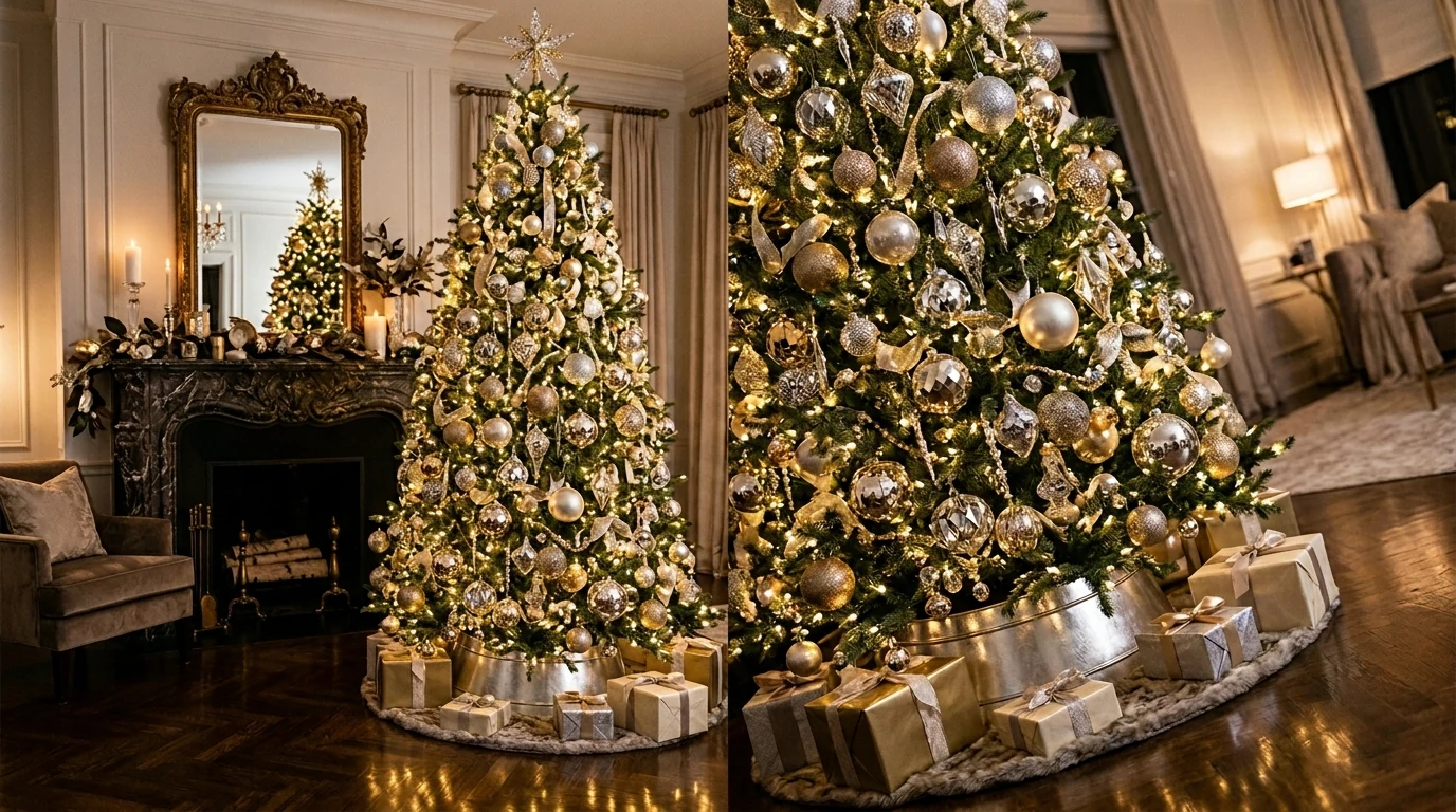 Christmas tree styled with dramatic velvet ribbon for a magical centerpiece.