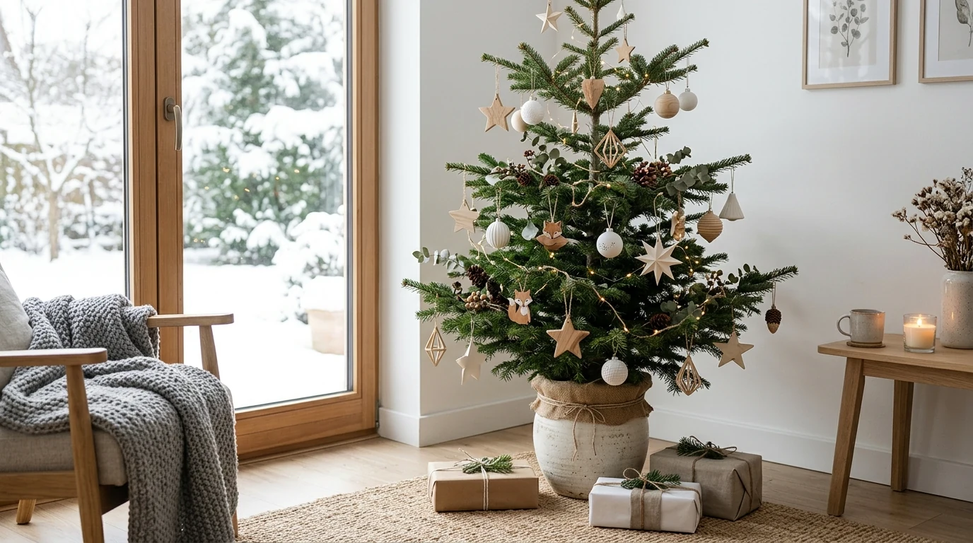 Magical Christmas tree decorated in blue and gold holiday tones.