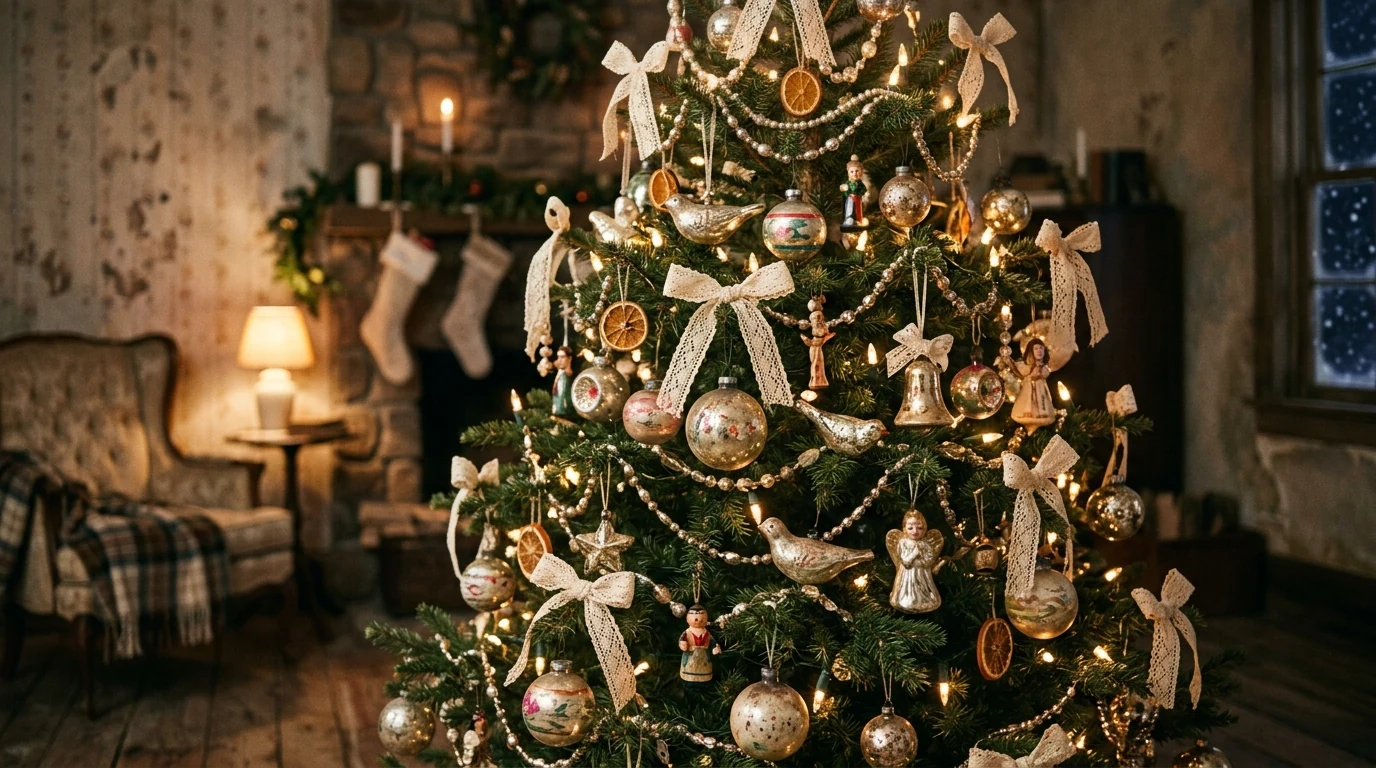 Luxe neutral Christmas tree with rich texture and elegant layered ornaments.
