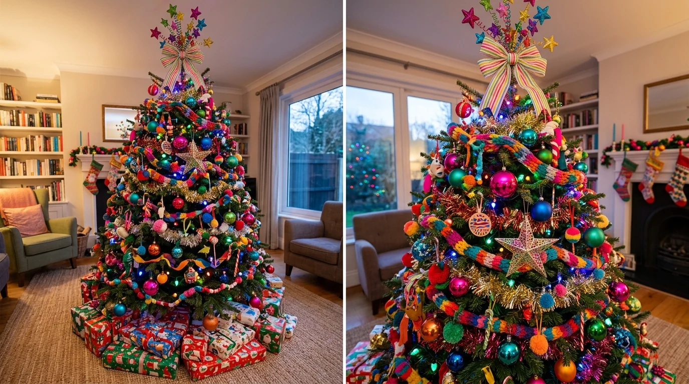 Tall foyer Christmas tree styled as a dramatic holiday centerpiece.