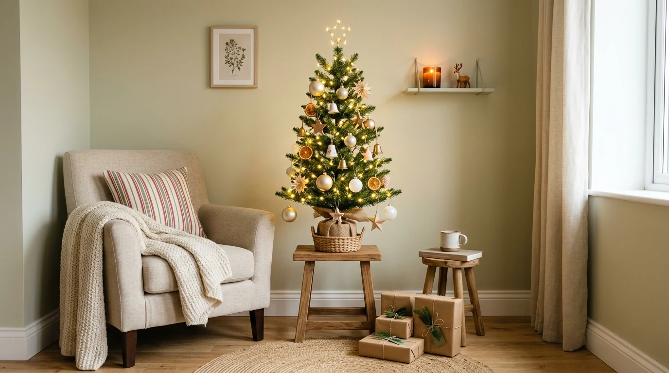 Family Christmas tree decorated with meaningful collected memory ornaments.