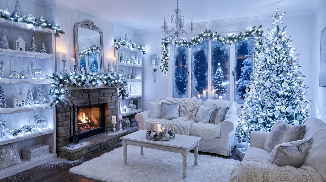 Winter wonderland living room with a flocked tree, snowy white decor, and soft glowing lights.