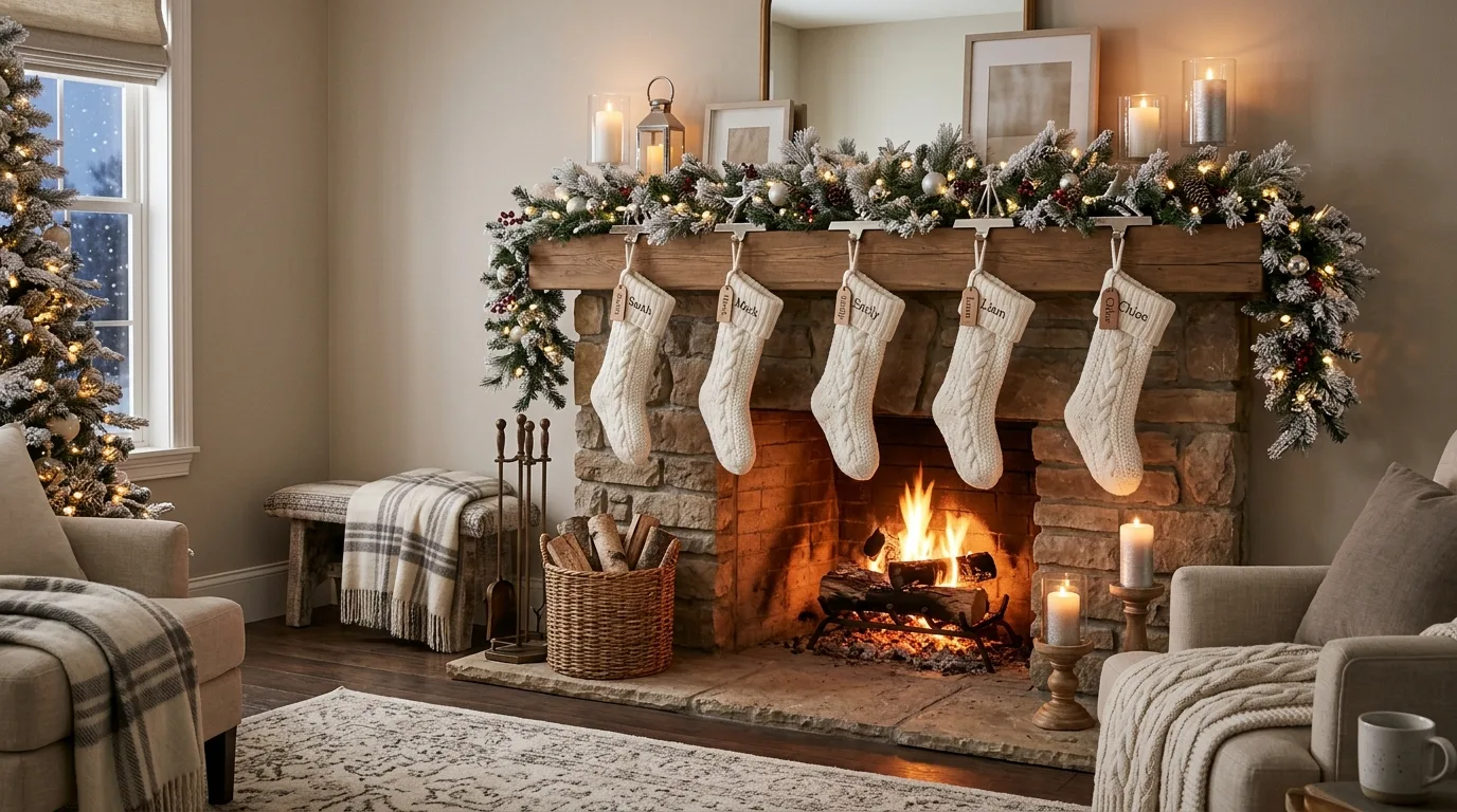Fireplace mantel decorated with icy white garland and winter decor.