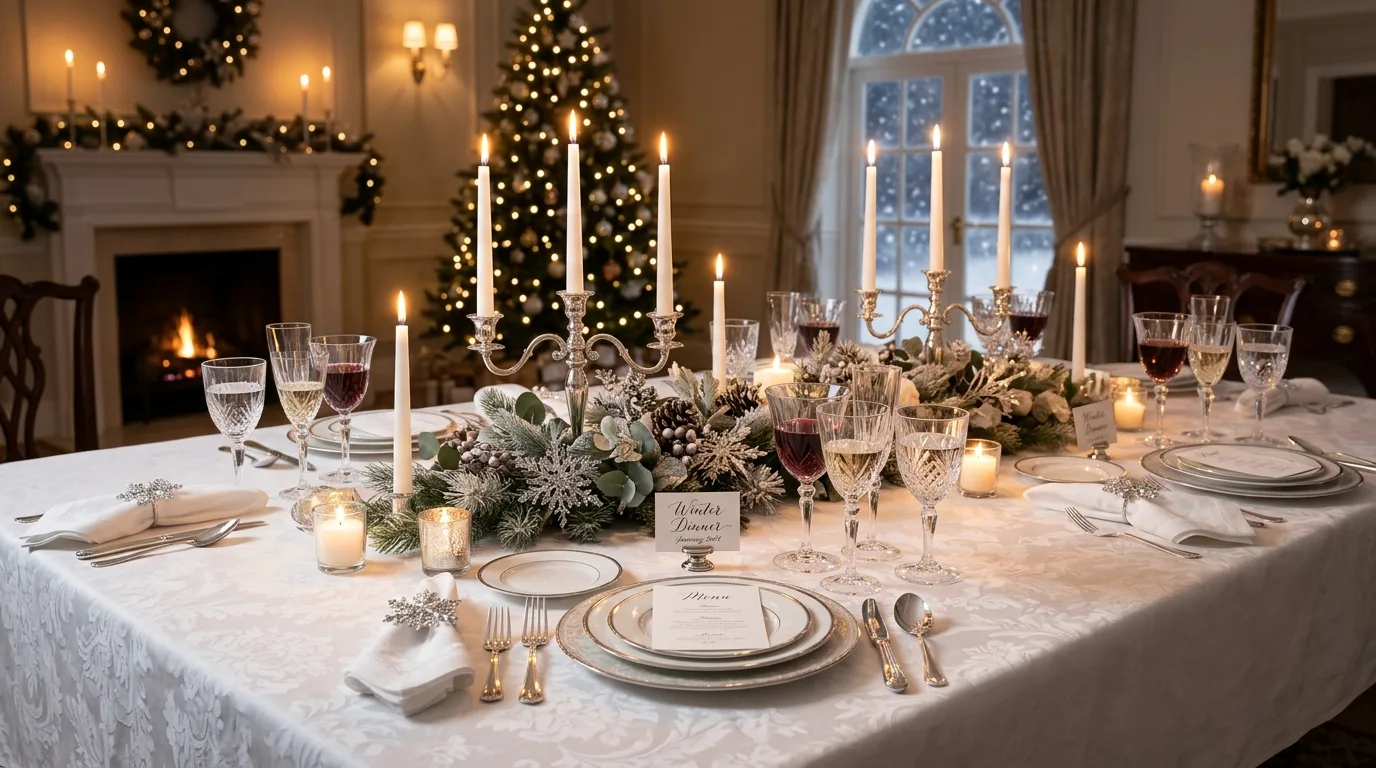 Silver and glass candle styling in a bright winter-themed interior.