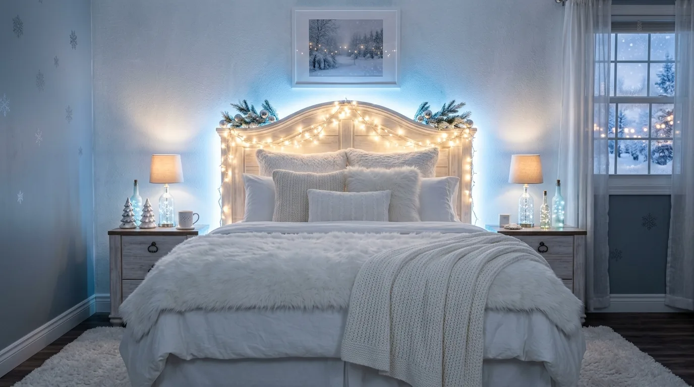 Winter wonderland window decorated with snowy details and twinkle lights.