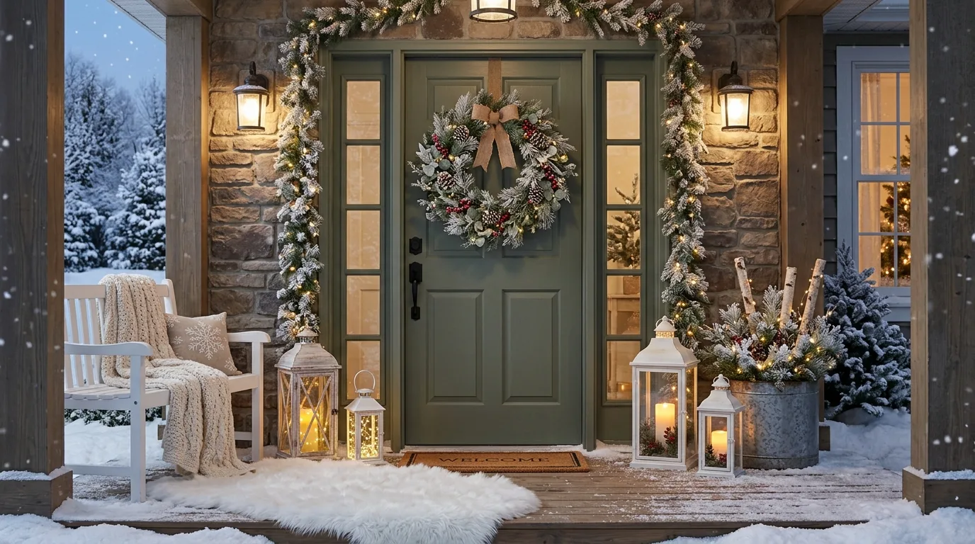 White ceramic village display with faux snow in a winter-decorated room.