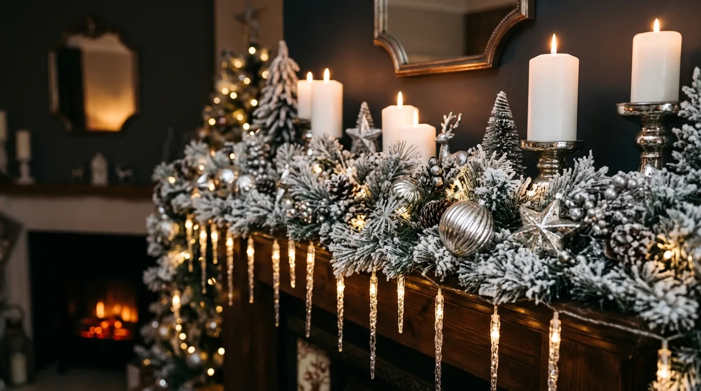 Winter wonderland decor in white and soft icy blue tones.