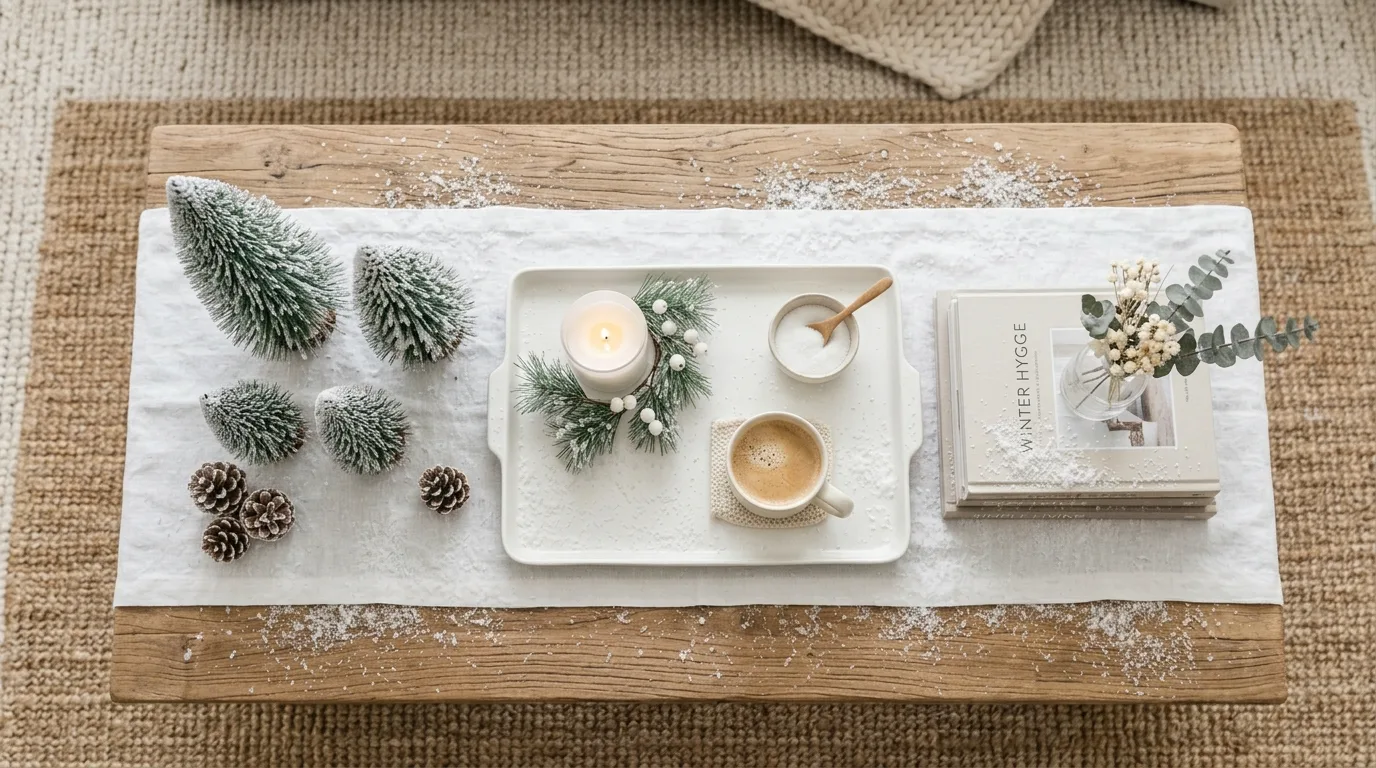 Winter decor styled with birch logs, pinecones, and snowy accents.