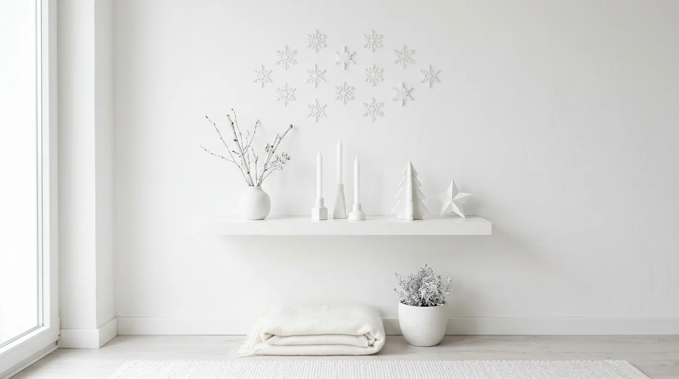 Cozy winter living room with faux fur accents and white seasonal styling.