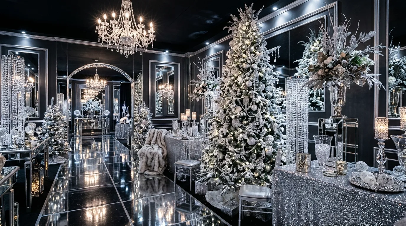 Lantern cluster filled with twinkle lights in a winter wonderland interior.