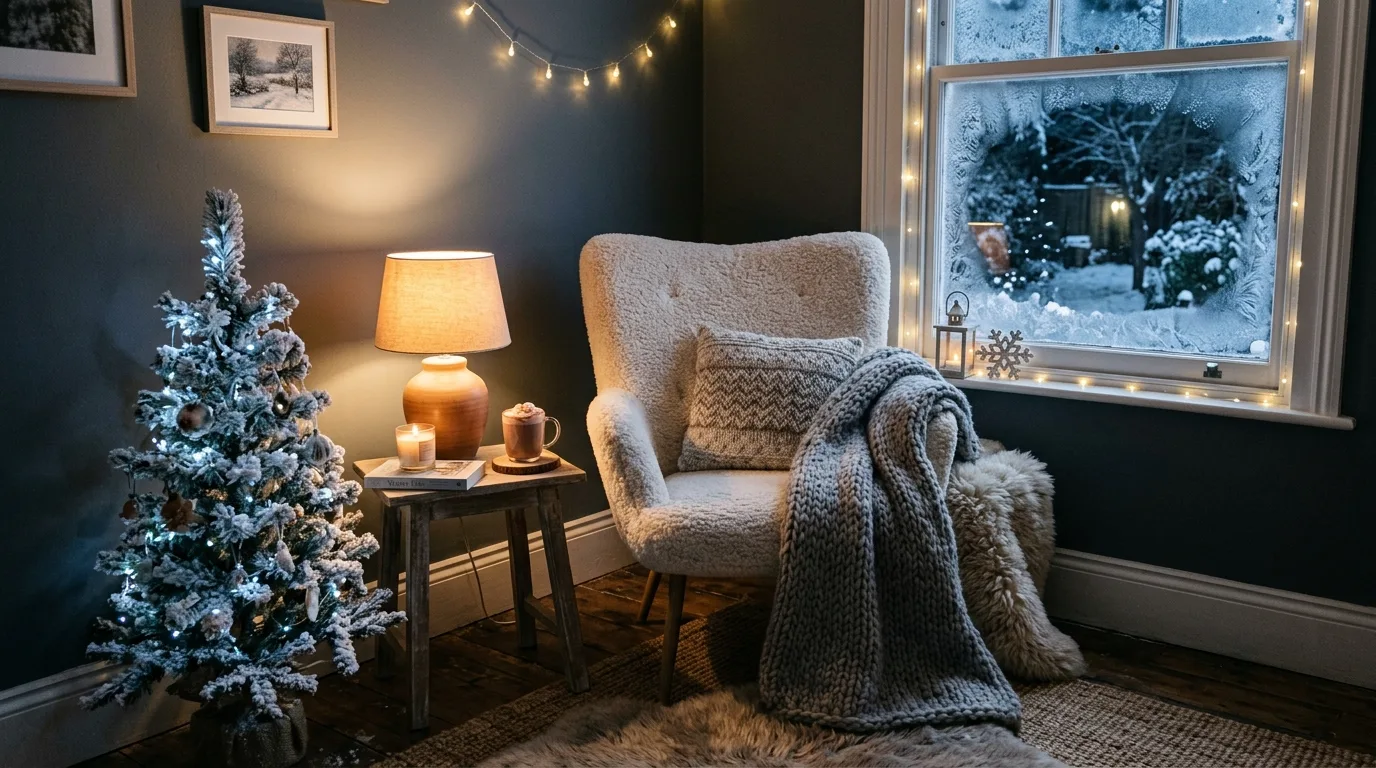 Staircase decorated with frosted garland and winter lights.