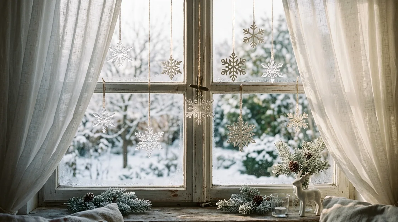 Neutral winter bedroom with white bedding, knit throws, and candlelight.