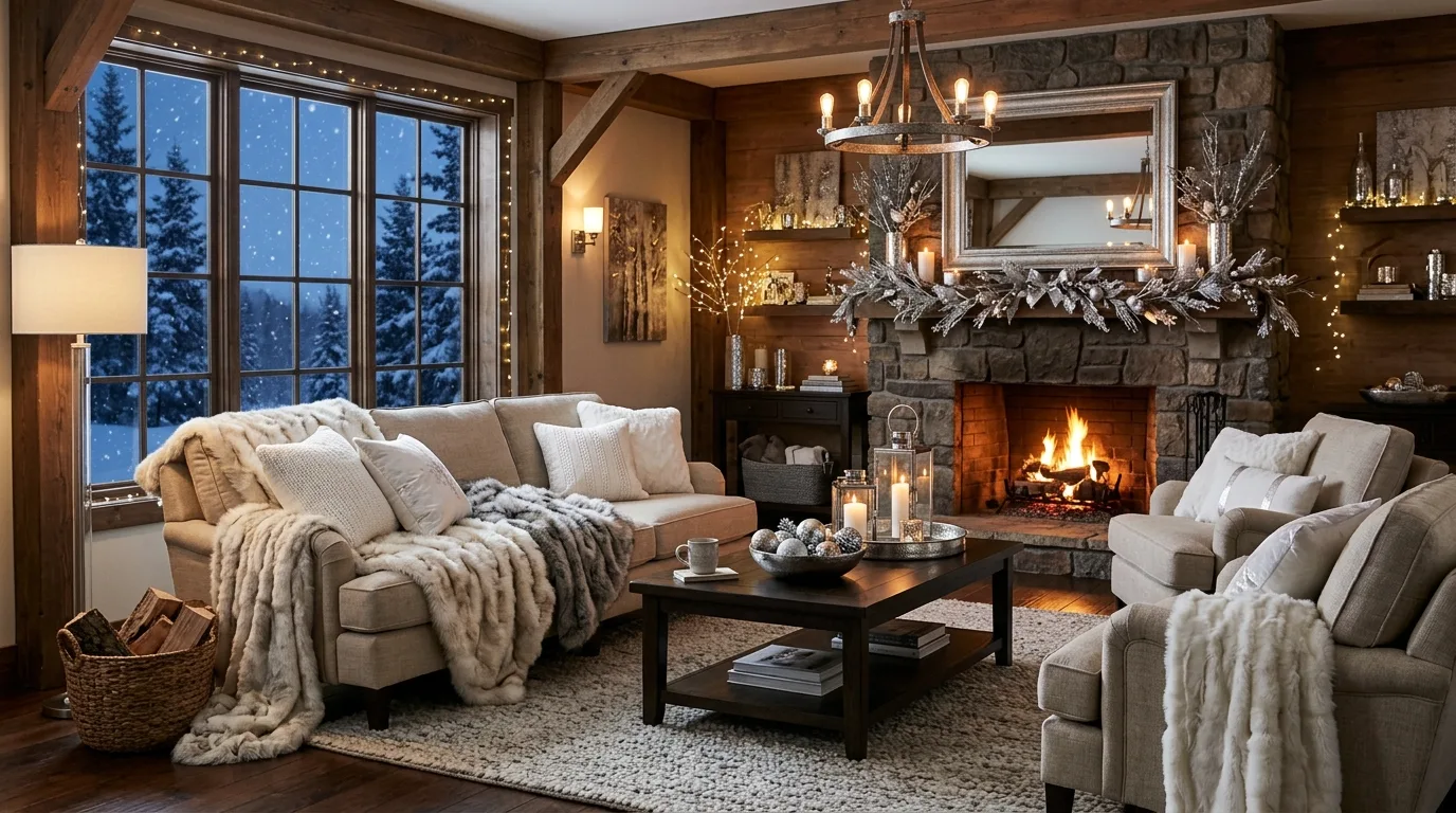 Winter wonderland entryway with white decor, silver accents, and soft lights.