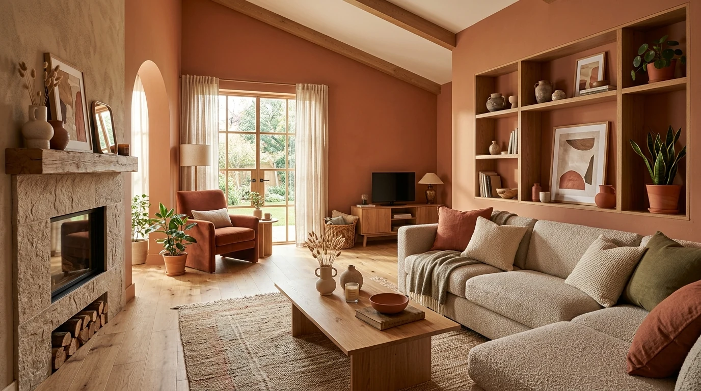 On-trend home interior color palette for 2026 in a modern room.
