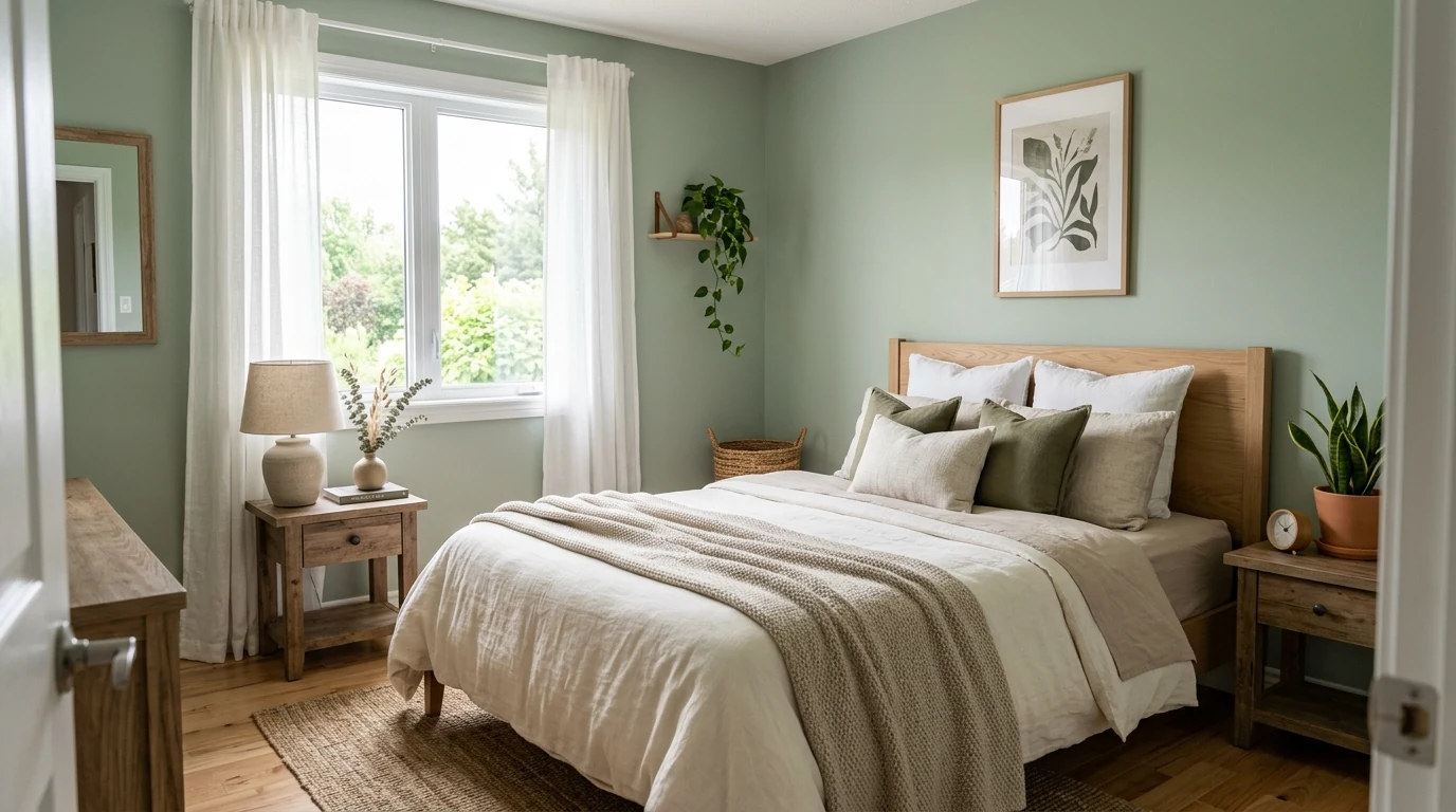 Modern interior using olive green as a softened neutral color trend.