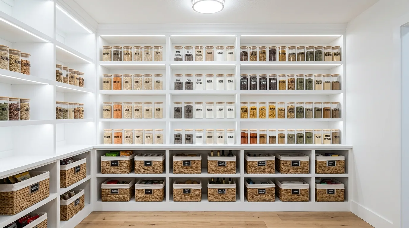 Organized walk-in pantry with clear containers, labeled baskets, and tidy category-based kitchen storage.