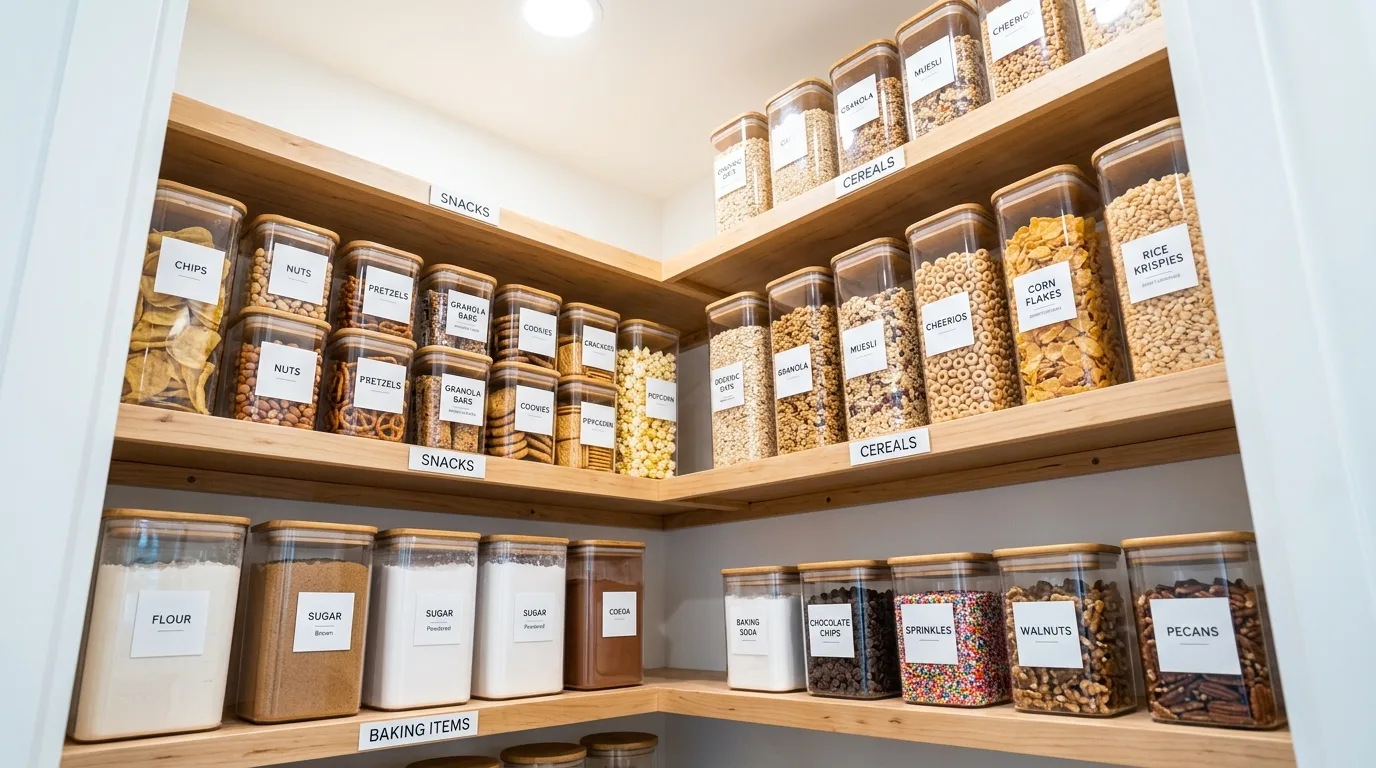 Organized pantry with labeled baskets grouping food items by category.