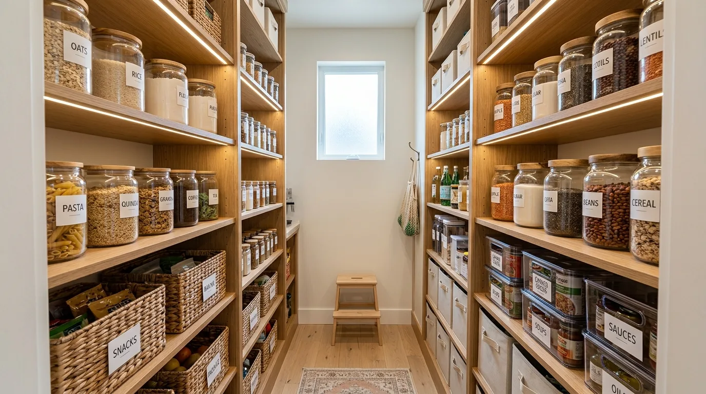 Walk-in pantry with adjustable shelves arranged for flexible kitchen storage.