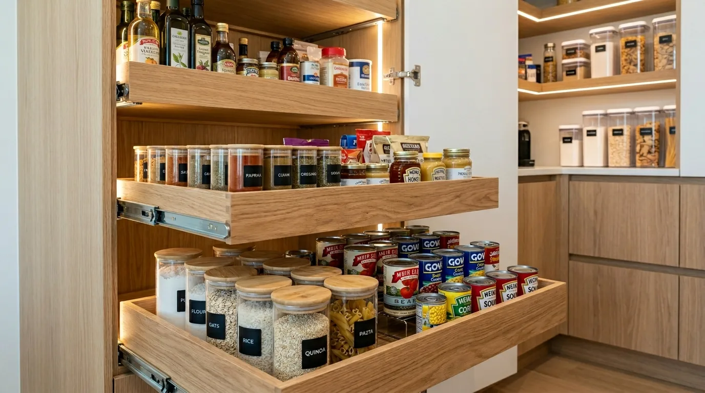 Pantry organization idea with a small countertop zone for appliances.