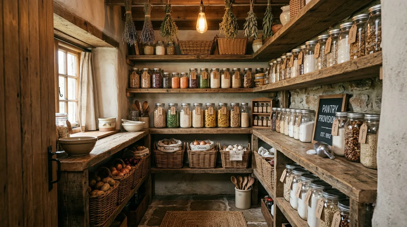 Walk-in pantry using shallow door storage racks for spices and kitchen items.