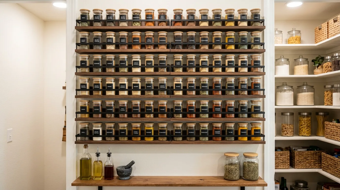 Pantry shelf with tiered can organizers creating a tidy visible layout.