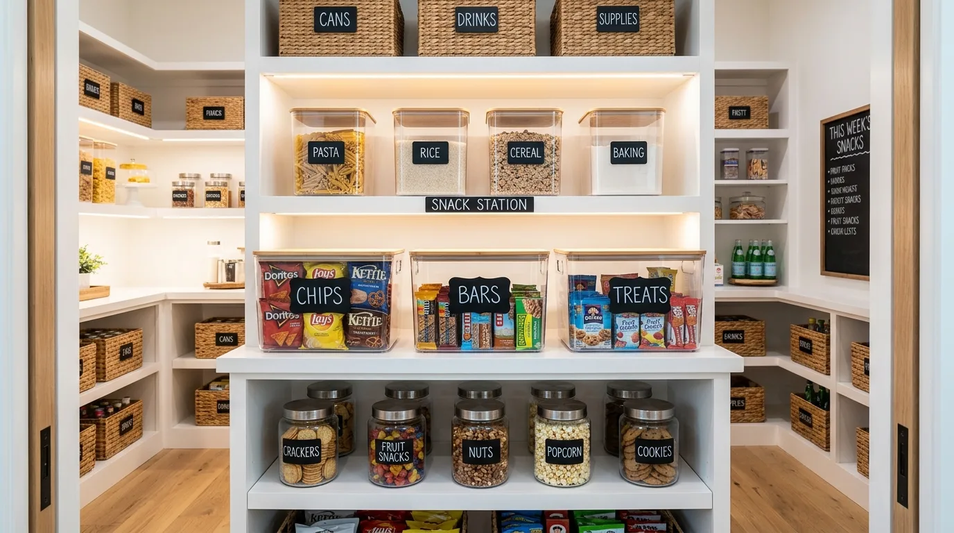 Walk-in pantry baking station with ingredients and tools stored together.
