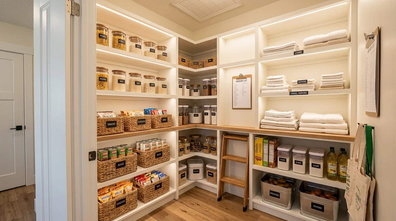 Pantry lower shelves organized with pull-out bins for easier access.