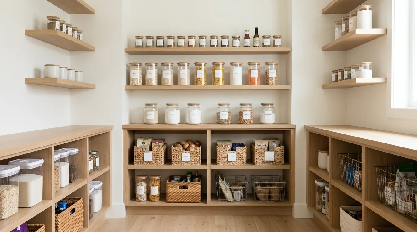 Tidy walk-in pantry using matching glass jars for kitchen staples.