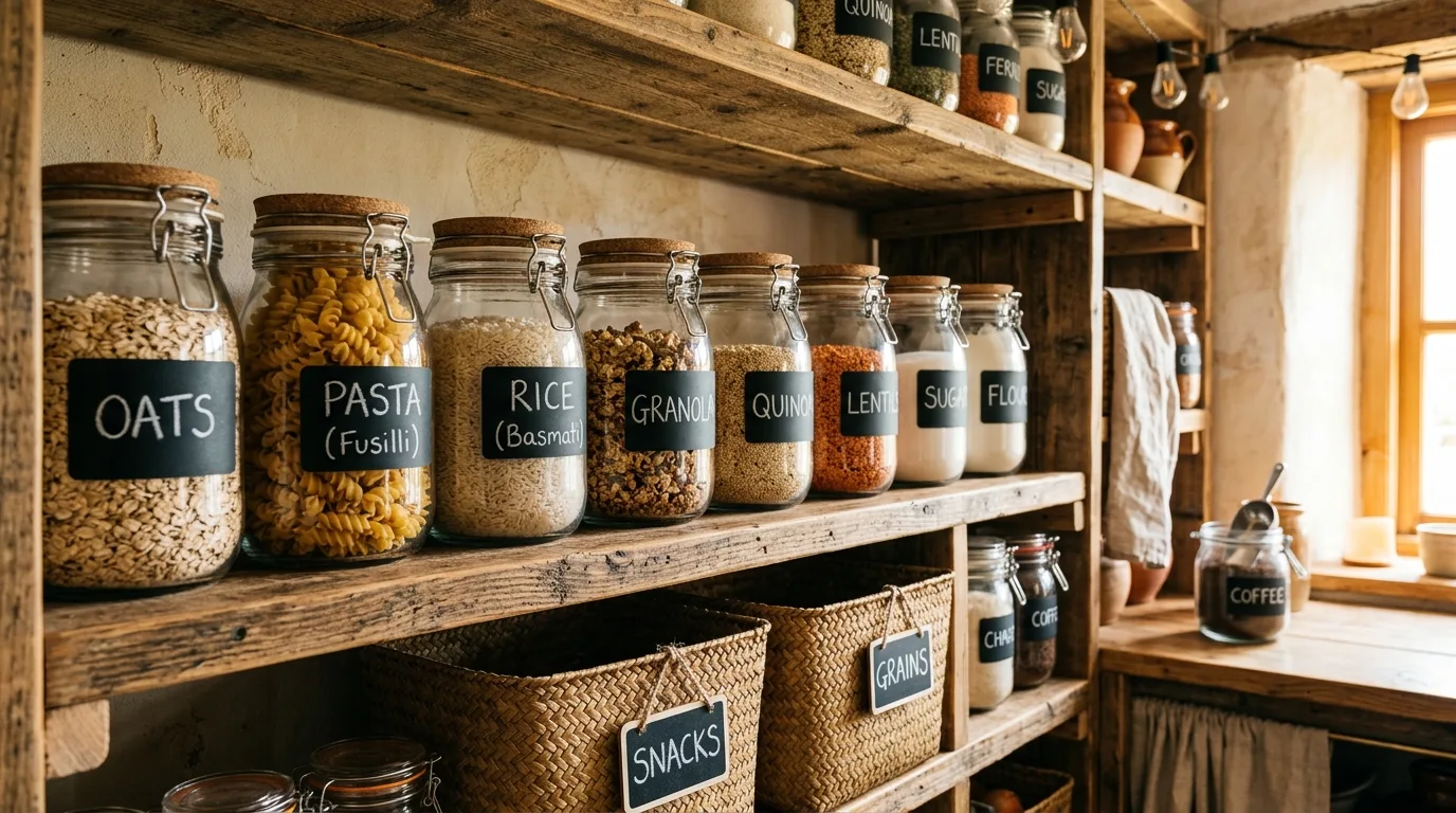 Walk-in pantry with vertical dividers storing trays and cutting boards neatly.