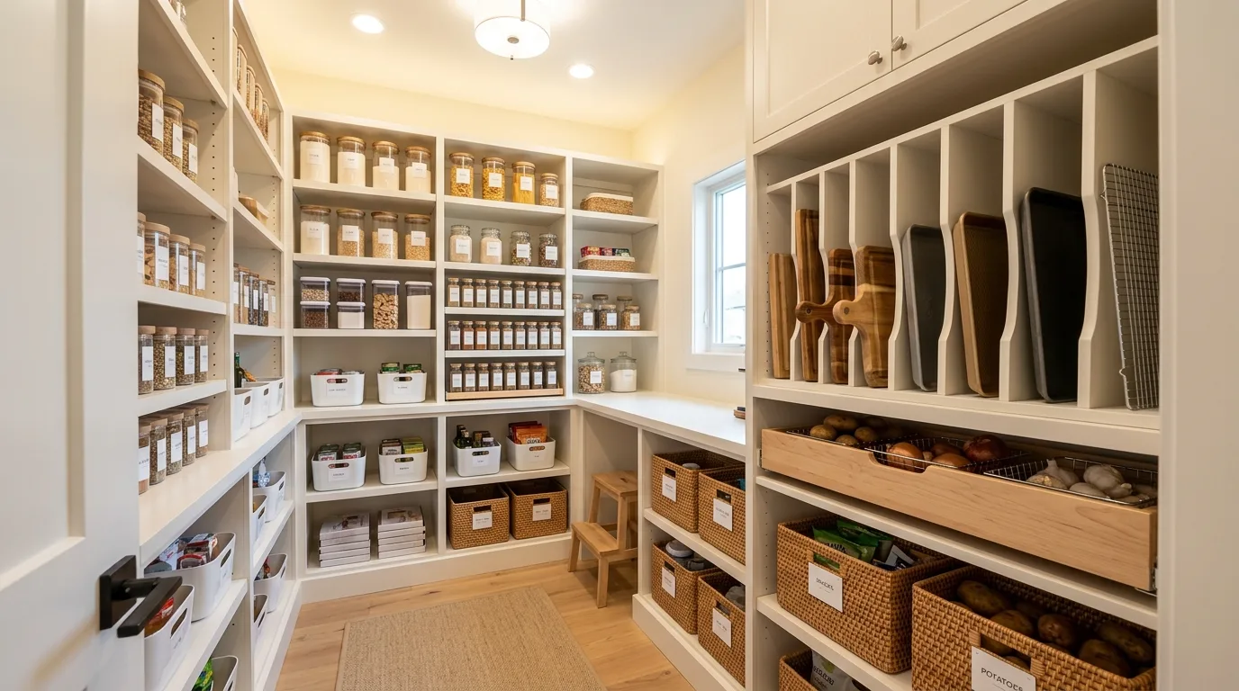 Pantry upper shelves holding bulk goods and overflow kitchen supplies.