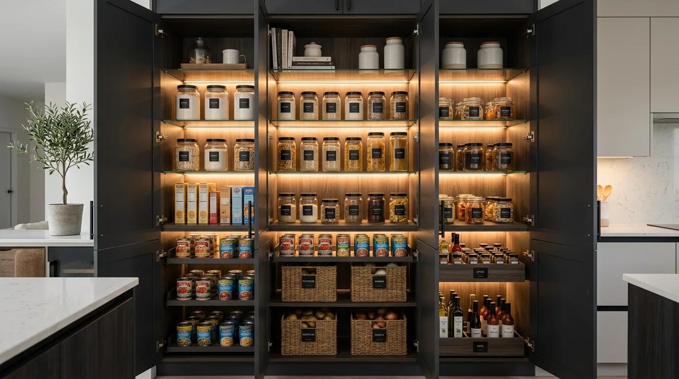 Organized walk-in pantry with uniform bins creating a clean cohesive look.