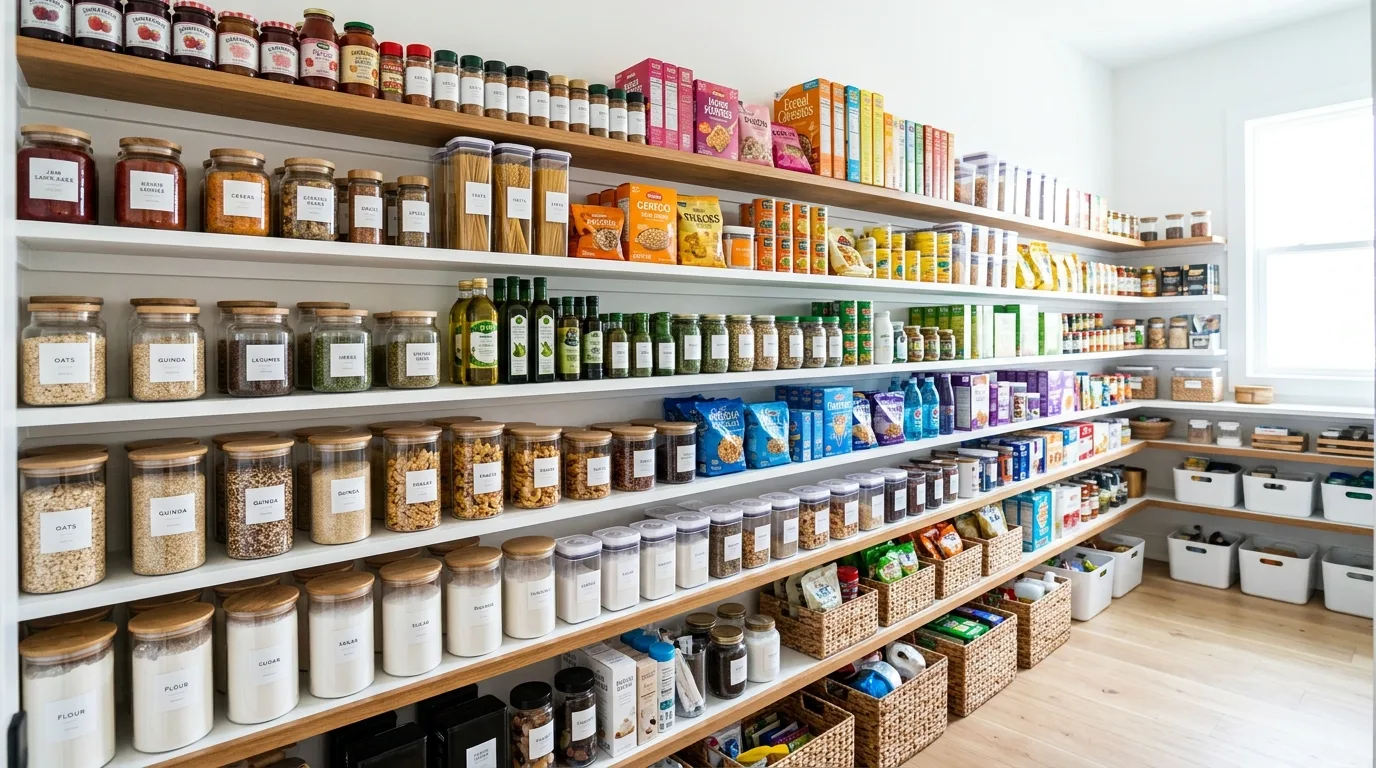 Walk-in pantry breakfast shelf organized with cereal, mugs, and morning essentials.