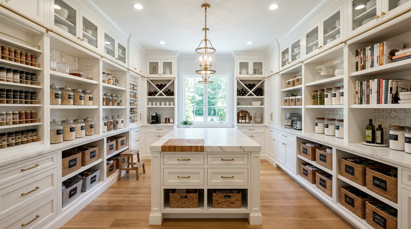 Tidy walk-in pantry with breathing room between organized categories and shelves.