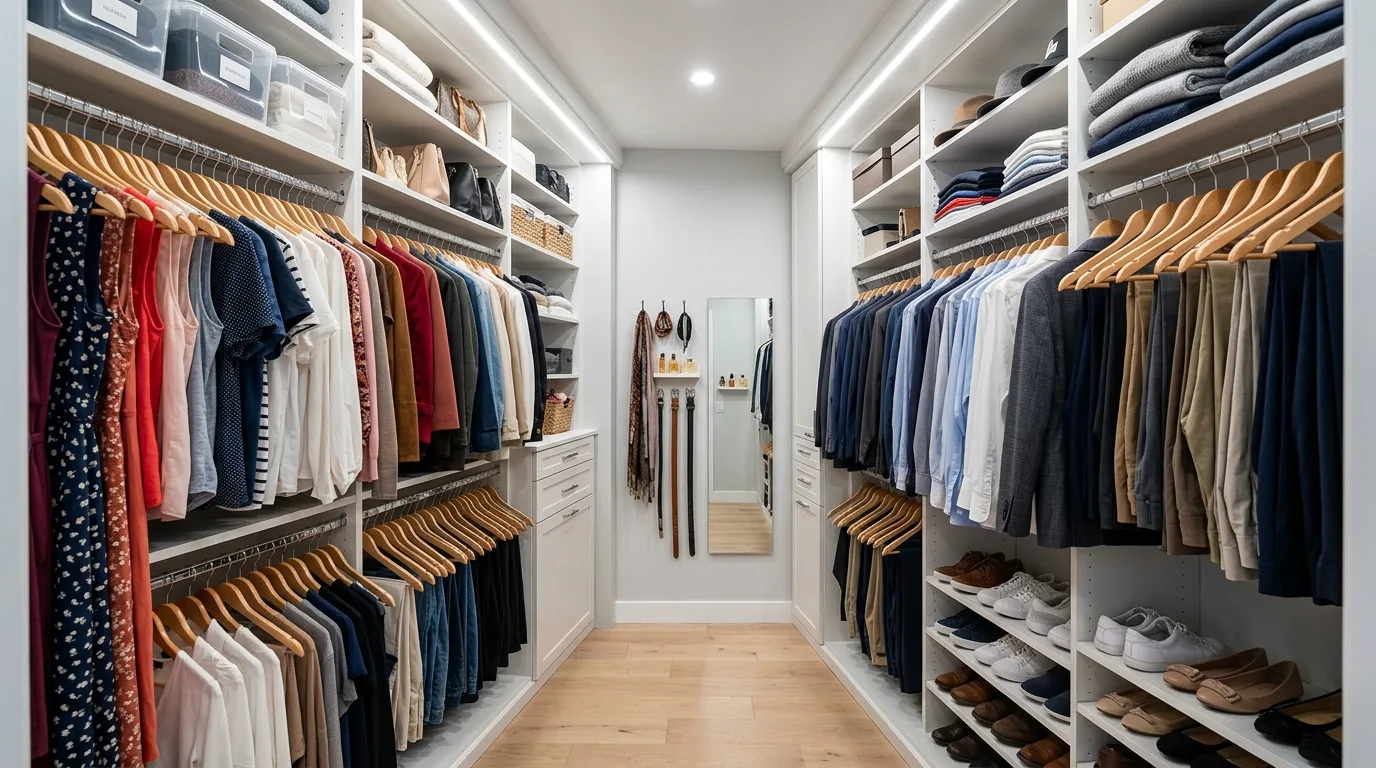 Organized narrow walk-in closet designed for couples sharing a compact space.