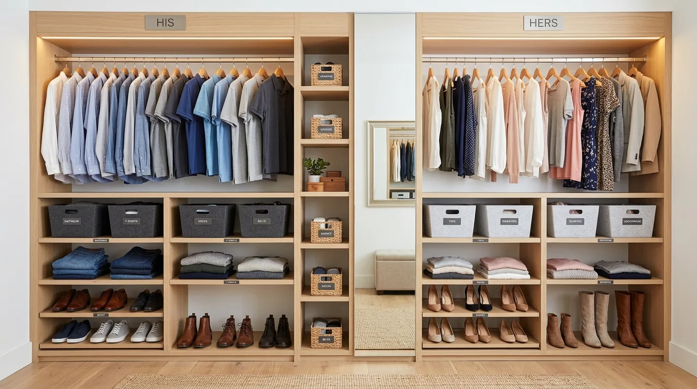 Small walk-in closet using slim shelving on the end wall for storage.