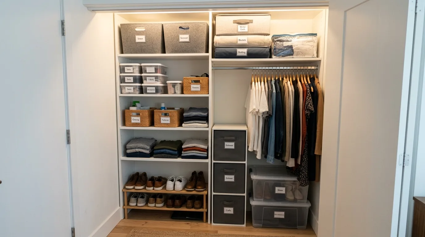 Compact walk-in closet with narrow drawer towers between clothing rails.