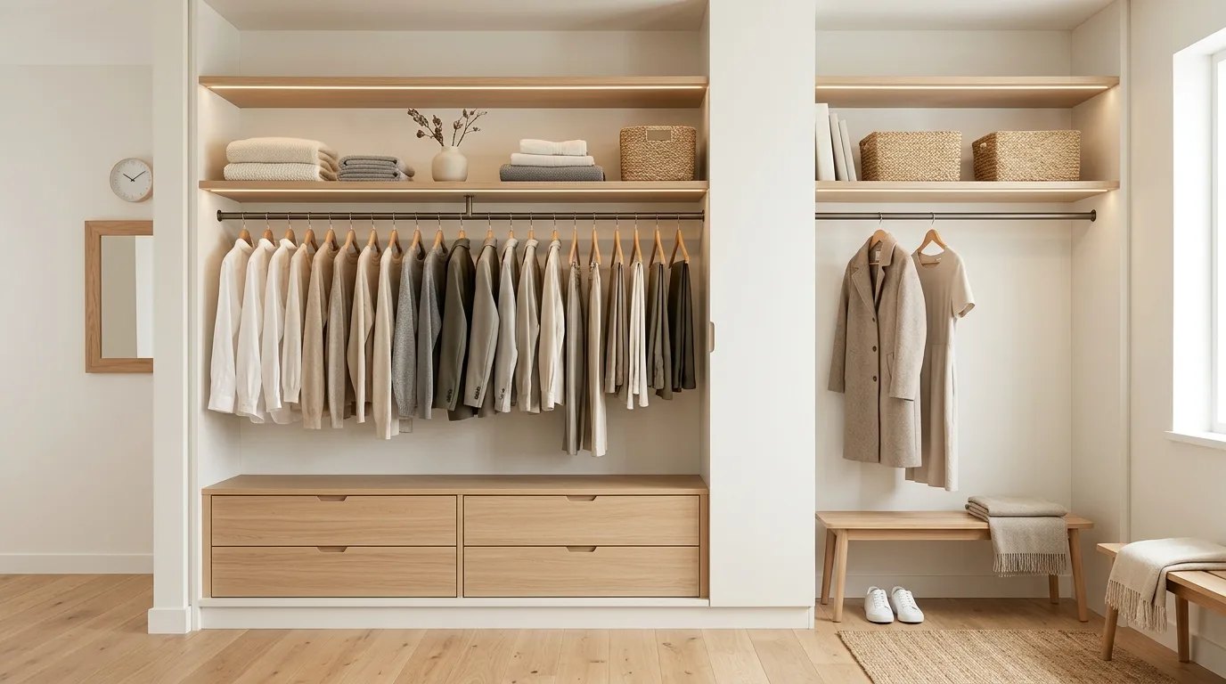 Narrow closet with a full-length mirror that opens up the small space.