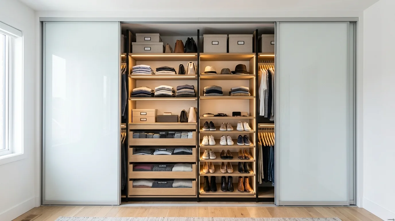 Walk-in closet shoe cubbies arranged neatly in a narrow space.