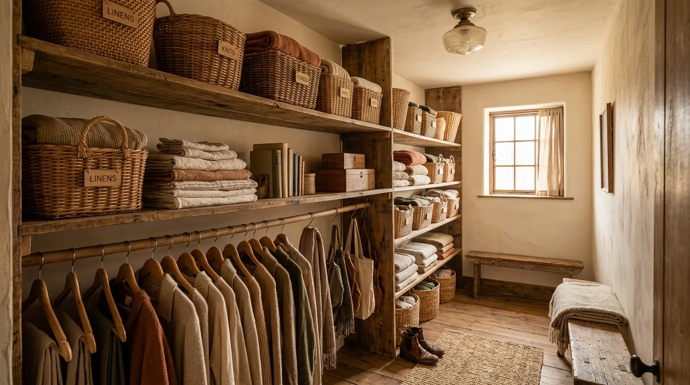 Organized narrow closet with matching hangers and labeled storage sections.